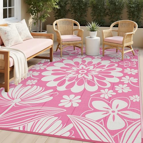 Ileading Outdoor Patio Rug Pink Floral Reversible Outdoor Rug Waterproof Plastic Straw Mat Portable Outside Deck Area Rug Camping RV Carpet for Porch Balcony (69 ft)