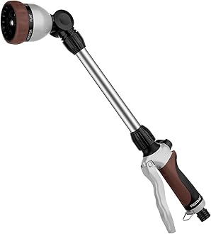 RESTMO 48cm Watering Lance, Long Metal Spray Lance | 180° Adjustable Ratcheting Head | 7 Spray Patterns Extension Hose Wand, Perfect Garden Sprayer Gun to Water Hanging Baskets, Shrubs, Brown