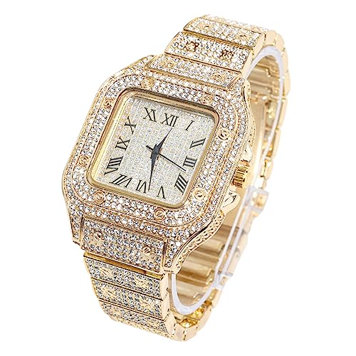 Halukakah Diamant Gouden horloge Iced Out, mannen 18k echt goud / platina witgoud geplateerd kwarts armband 22 cm achthoekige wijzerplaat, met tennisketting halsketting en armbandset opties, wordt