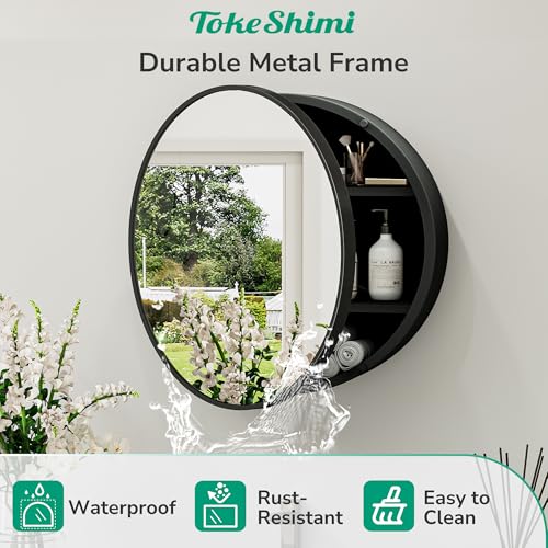 Image of TokeShimi 24 x 24 Round Medicine Cabinet with Mirror, Black Medicine Cabinet, Circle Bathroom Mirror with Storage, Shatterproof with Metal Frame, Detachable Shelves, Wall Mounted Only