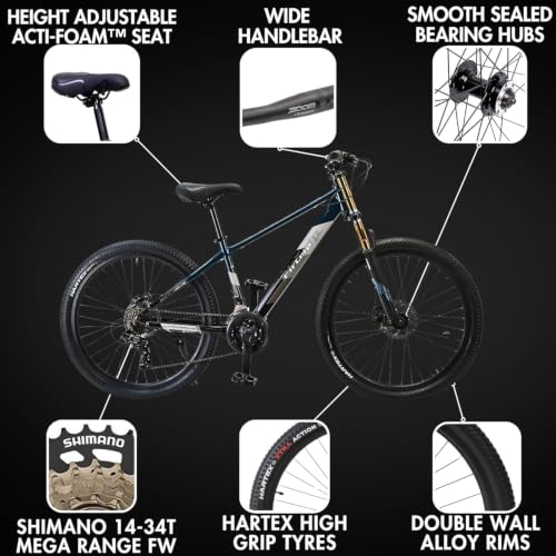 Image of FitTrip Super Dominator 21 Speed Mountain Bike, 27.5 Inch Stunt MTB Cycle with Imported Double Crown Suspension and Jak 7 Dual Disc Brakes, Mountain Cycle for Men (Marina Teal Blue)