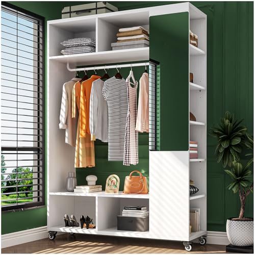 Simple Wisdom Ropero Closet con Ruedas, Armario para Ropa con Espejo y 10 estantes, ropero de Madera Independiente extraíble con Barra para Colgar, Color Blanco