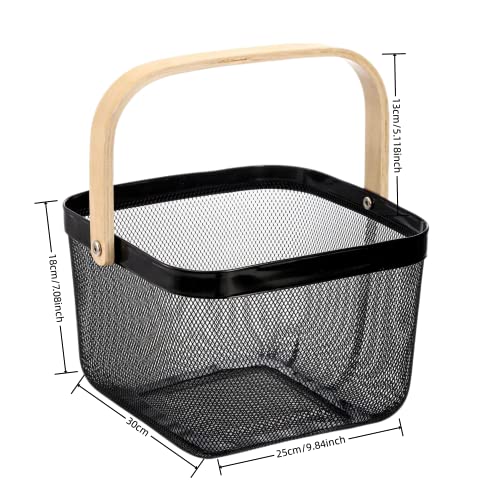 Image of Metal Basket Storage Organizer, Multi-functional Basket with Bamboo Handle for Home Kitchen Picnic Shopping Decor (White)