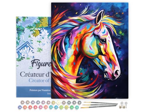 Figured'Art Peinture par Numéro Adulte avec Cadre Cheval Coloré Abstrait - Activité Manuelle Kit de Loisir Créatif DIY Numéro d'Art Complet Animaux - 40x50cm toile tendue sur châssis