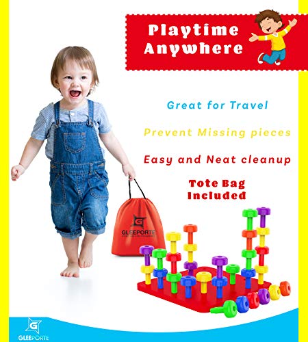 Stacking Peg Board Set Toy | 30 Pegs & Board + Free Storage Bag | STEM Color Learning Sorting Matching Game Montessori Occupational Therapy Fine Motor Skills Toddlers Preschool Boys Girls - Thumbnail 3