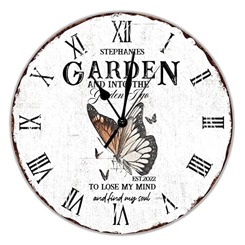 Personalized Name Garden Wooden Wall Clock Brown Butterfly Hanging Wall Clock 12 inch Battery Operated Non-Ticking Sweep Spring Butterfly Farmhouse Wood Wall Clocks for Home Kitchen Living Room
