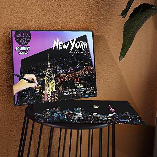 Scratch Paper Rainbow Painting Sketch Pads DIY Art Craft Night View Scratchboard for Adults and Kids - Scratch Painting Creative Gift - with 3 tools - Scraper, Pen, Clean Brush - 16” x 11.2”(New York)