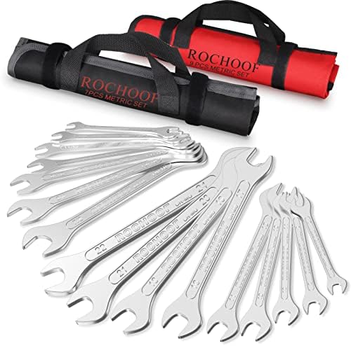 ROCHOOF Super-Thin Open End Wrench Set, 16-Piece SAE & Metric 1/4"-15/16" and 6mm-24mm Slim Wrenches Chromium-molybdenum Steel Wrench Set with Rolling Pouch
