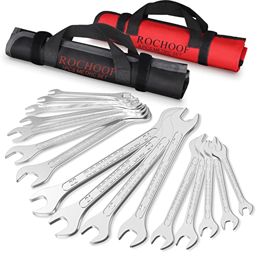 Rochoof Super-Thin Open End Wrench Set, 16-Piece Sae & Metric 1/4"-15/16" And 6Mm-24Mm Slim Wrenches Chromium-Molybdenum Steel Wrench Set With Rolling Pouch #TOP1