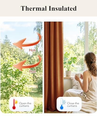 Image of Burnt Orange Velvet Curtains Back Tab Boho Drapes, W52xL96, 2 Pcs | Thermal Insulated, Window Back Tab Pinch Pleat Boho Vintage Drapes for Bedroom, Elegant Privacy, Home Decor for Sliding Door