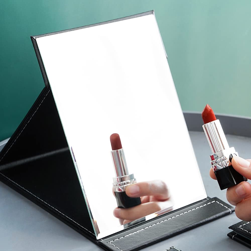 YAVO-EU Miroir Maquillage Pliable 25.5x18 Cm - Miroir De Table Portable Cuir PU Noir, Support Réglable, Housse Rembourrée, Idéal Voyage & Coiffeuse