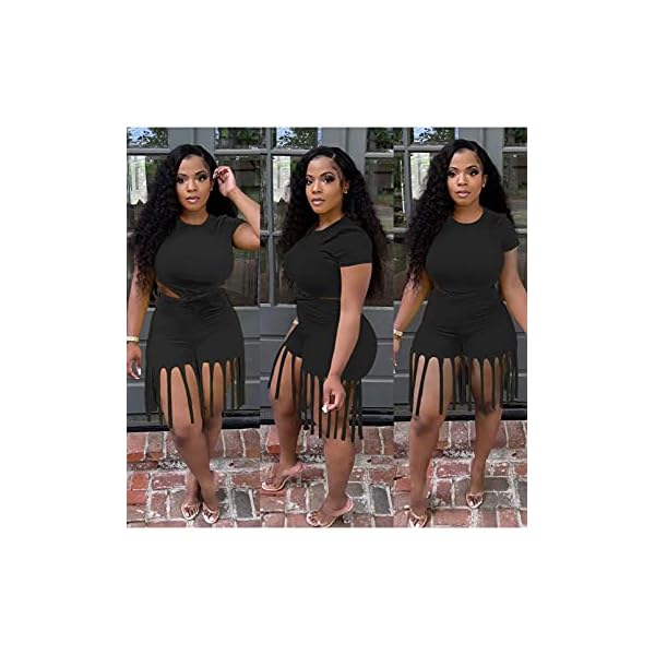 Two-Piece-Outfits-for-Women-Casual-Short-Sleeve-and-Tassel-Bodycon-Shorts-Sexy-Clubwear-Tracksuit-Set ThusFur Womens Summer Casual 2 Piece Black Outfit Short Sleeve Shirt Bodycon High Waist Shorts Set Sportswear Tracksuit with Tassel Size XX-Large