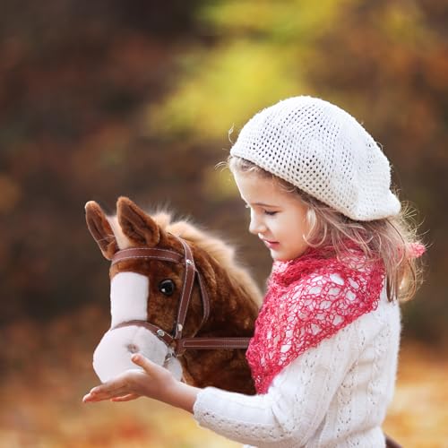 Image of Linzy Toys 35.5 inch Plush Stick Horse - Funny Hobby Horse with Pony Sound, Soft Realistic Mane & Durable Leather Reins, Pretend Play Riding Toy for Boys & Girls Ages 3+ (Brown)