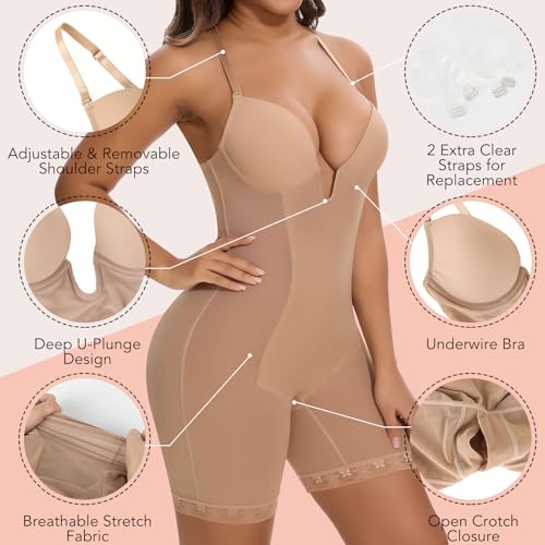 SHAPERIN Women's Backless Shapewear Tummy Control Body Shaper Bra Faja U Plunge Low Back Mid Thigh Bodysuit3