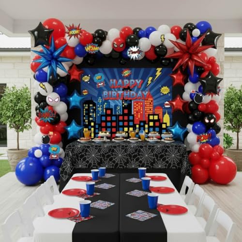 Image of Blue Red Black white Balloon Garland Arch Kit 140PCS with backdrop card stickers Large Starburst mylar balloons for Spider Theme boy birthday Party Man Superhero inspired decorations