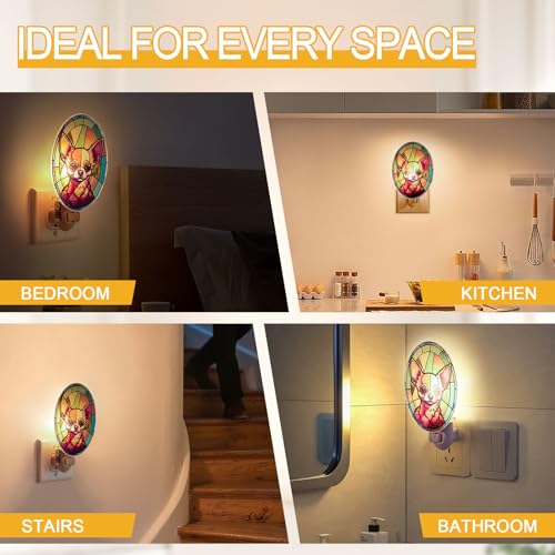 Image of Dog Night Light Chihuahua, Stained Glass Styled Plug-in Wall Nightlight, Bulb Included, Pet Memorial Dog Lover Gift, Bedroom Hallway Bathroom Decor, Manual On /Off Switch