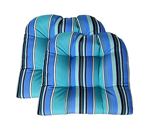 RSH DECOR Set of 2 Sunbrella® Dolce Oasis Wicker Chair Cushion - Indoor/Outdoor 2 Matching Wicker Chair Cushions - Blue, Turquoise & White Stripe