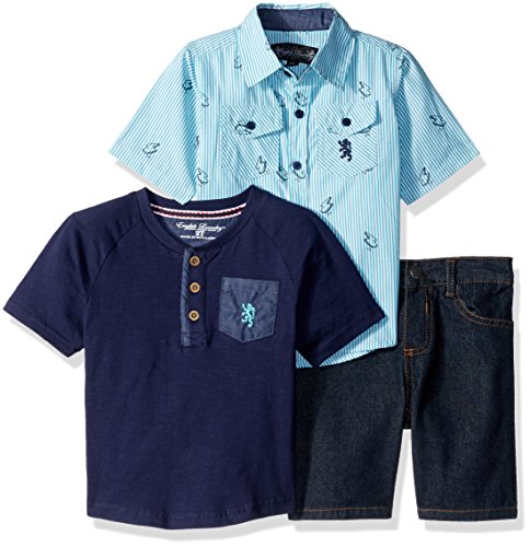 English Laundry Baby Boys Striped Sport Shirt, Sleeve Henley and Denim Short, Multi Plaid, 18M