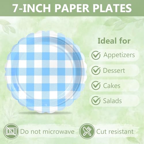 Image of Mulbozy 75 Blue Gingham Paper Plates and Napkins for Baby Shower, 25-7 inch