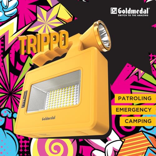 Image of Goldmedal Trippo 10W LED Solar Rechargeable Flood Light with Torch | IP54 Protection | Cool Daylight (6500K) with Red & Blue Light | 750 Lumens | 3 Lighting Modes | Monocrystalline Solar Panel
