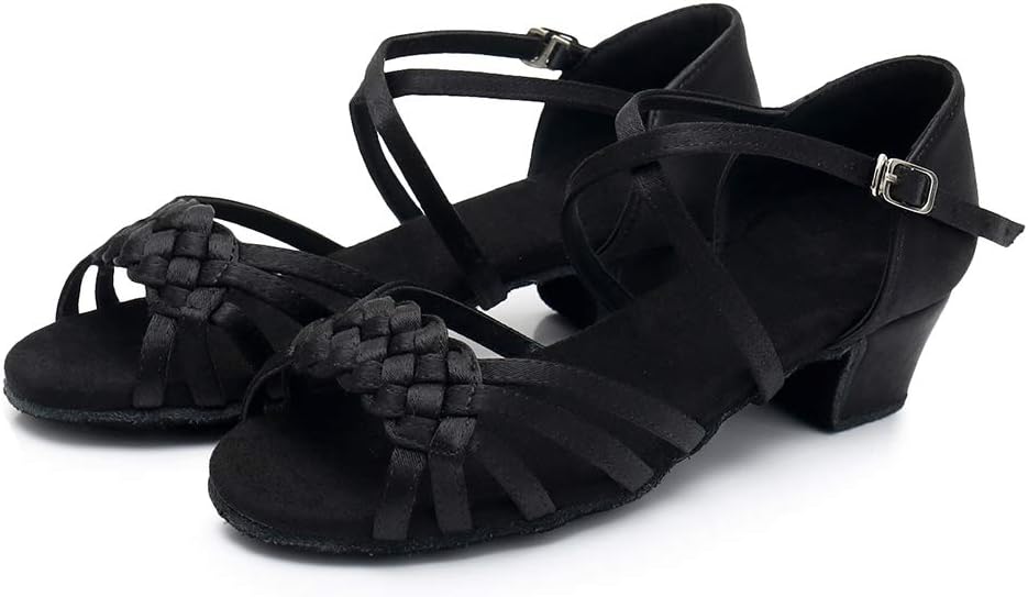 YKXLM Girls Latin Dance Shoes Kids Low Heels Tango Salsa Ballroom Practice Dance Shoes, 1208,Black, 2 M Little Kid