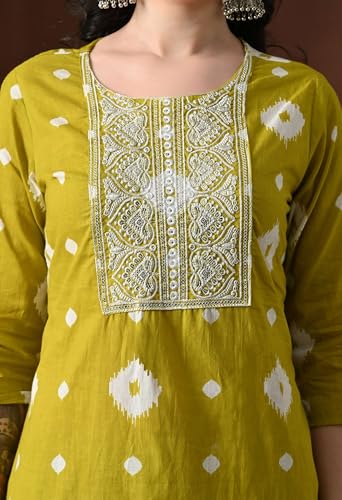 Image of Amazon Brand - Tavasya Women Cotton Anarkali Kurta Pant Dupatta Set | Printed Ethnic Suit Set | Flared Anarkali Kurta with Pant & Dupatta | Festive & Casual Wear