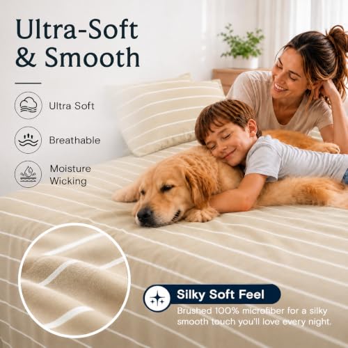 Image of Queen Size Striped Sheets, Deep Pocket Soft & Cooling Bed Sheet Set, 4PC
