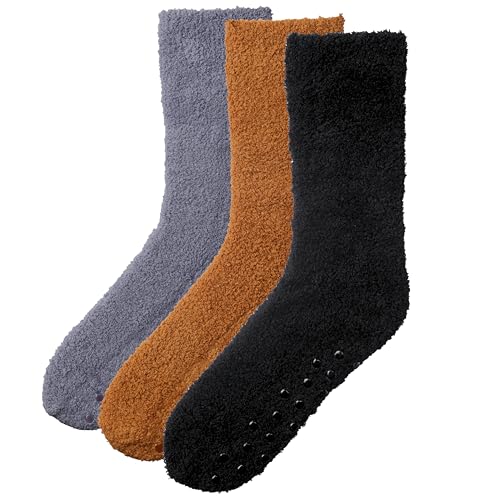JAMES FIALLO Men’s 3-Pairs Cozy Fuzzy Socks Warm Winter Soft Fluffy Sleep Cabin Slipper Socks (Size 10-13)