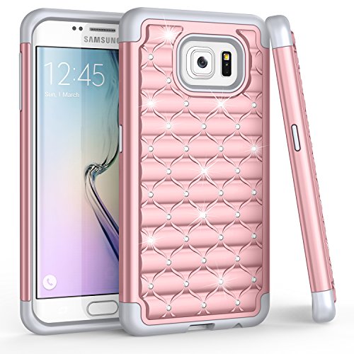 TILL S6 Edge Case, Galaxy S6 Edge Case, TILL Studded Rhinestone Crystal Bling Shock Absorbing Hybrid Defender Rugged Slim Case Cover for Samsung Galaxy S6 Edge S VI Edge G925 [Rose Gold]