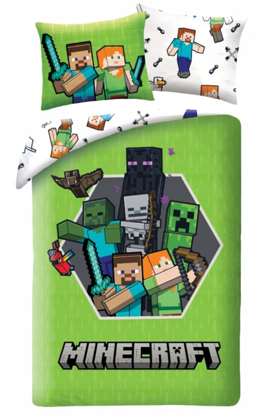 Parure da letto Minecraft – 140 x 200 cm + 70 x 90 cm – 100% poliestere microfibra – copripiumino + federa – Universo pixelato e mostri iconici