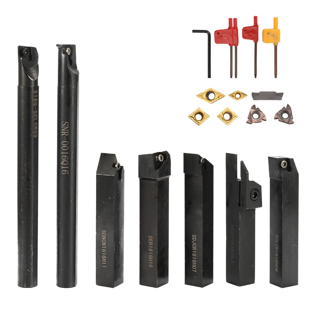 OUNA 16mm Turning Tool, 16mm Shank 7PCS With Carbide Insert Wrench DIY Set Metal Steel Lathe Boring Bar Holder Turning Tool