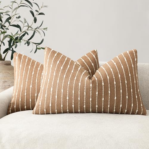 Image of Foindtower Pack of 2 Decorative Jacquard Boucle Lumbar Throw Pillow Covers Accent Textured Striped Pillowcases Cozy Boho Cushion for Couch Sofa Bedroom Living Room Home Decor 12x20 Inch Rust Tobacco