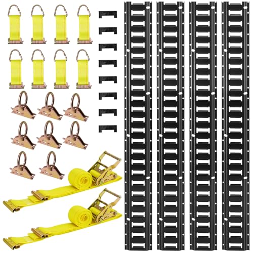 VEVOR E-Track Tie-Down Rail Kit, 4 Pack 7.7 ft E Track Rails, 26 Pcs Includes 2 Ratchet Straps & 8 O-Rings & 8 Tie-Offs with D-Ring & 8 End Caps, Fit for Garages Vans Trailers Motorcycles