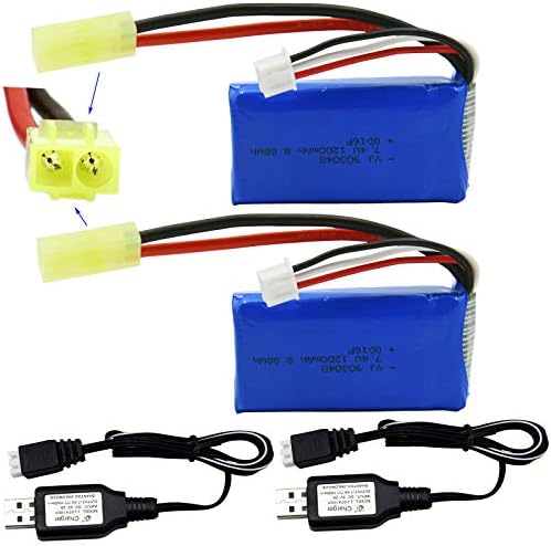 Blomiky 2 Pack 7.4V 1200mAh 8.88Wh Li-PO Battery and 2 USB Charger Cable Replacement for 1/18 Scale 9310 9300 9301E 9302E 9303E 9304E 9305E RC Truck 9300 1200 2