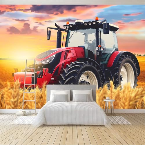 Fototapete Bauernhof-Sonnenuntergang-Traktor 200x140 cm Wandtapete, Vliestapete Fotoposter Wandbild, Moderne Wanddeko, für Schlafzimmer Wohnzimmer Kinderzimmer, Panorama 3D Effekt