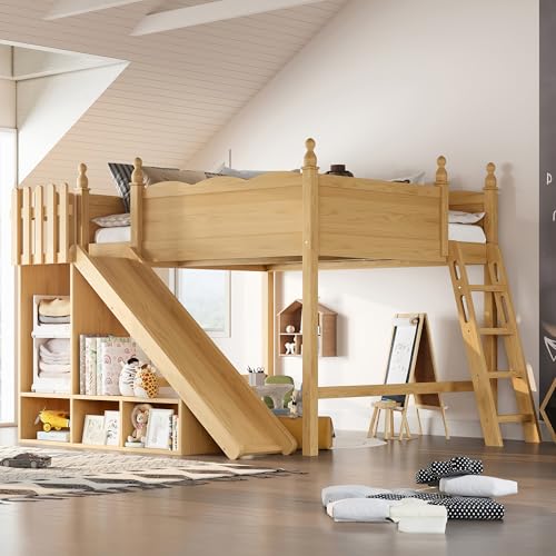 Image of Queen Size Loft Bed with Storage Shelves, Cabinet & Detachable Slide and Ladders, Solid Wood Kids Loft Bed for Space-Saving, Playful & Organized Bedroom (Natural1, Queen)