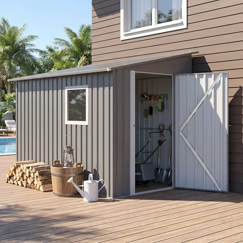 Image of DAUSOLA 5x7.7 FT Outdoor Storage Shed, Metal Garden Tool Shed with Updated Frame Structure, Lockable Doors and Windows, Ideal for Backyard Garden Patio Lawn, Grey