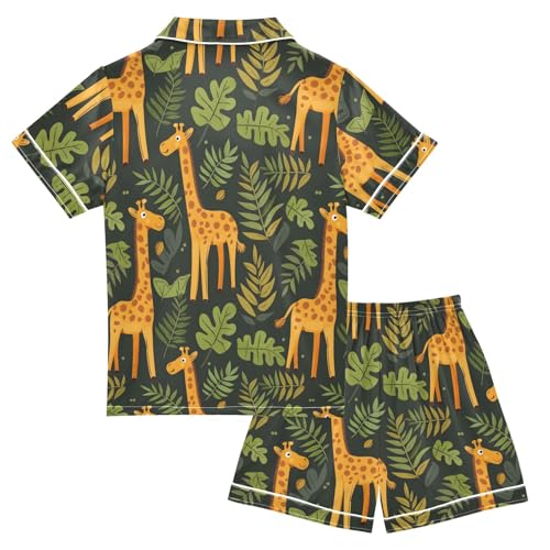Giraffe and Leaves Summer Satin Pajama Set, Cute Button-Down Sleepwear Pj Set for Sleep Wears2