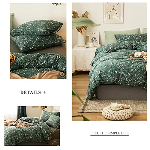 VM VOUGEMARKET Green Flower Duvet Cover Sets Queen Size,Jersey Cotton Bedding Set (1 Duvet Cover + 2 Pillow Shams) Chic Garden Style Girls And Boys Comforter Cover with Zipper Closure