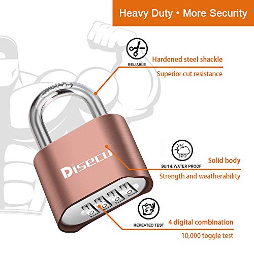 Image of 1 Pack disecu Heavy Duty 4 Digit Combination Lock, Outdoor Waterproof Padlock for School Gym Locker, Storage Unit, Fence, Gate, Toolbox (Antique Brass)