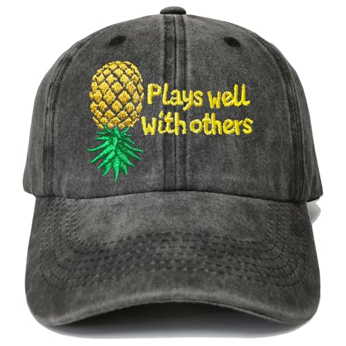 Embroidered Baseball Hat Plays Well with Others Caps Upside Down Pineapple Baseball Cap Adjustable Embroidery Denim Hats
