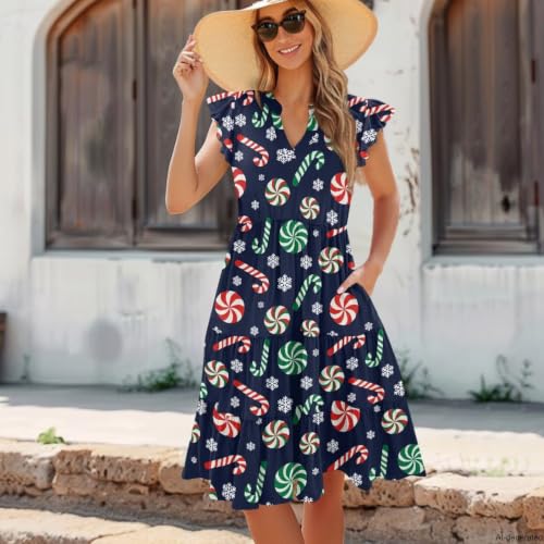 Image of Women's Casual Ruffle Sleeve Dress V Neck Pullover Dress Flowy A-Line Pleated Lightweight Dress with Pockets