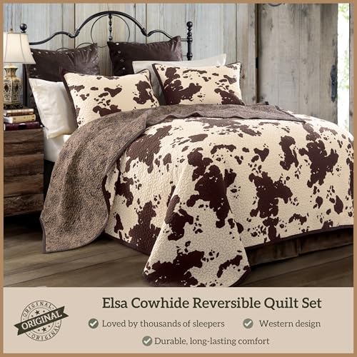 Image of Paseo Road Elsa Cowhide 3 Piece Queen Brown Western Bedding Quilt Set