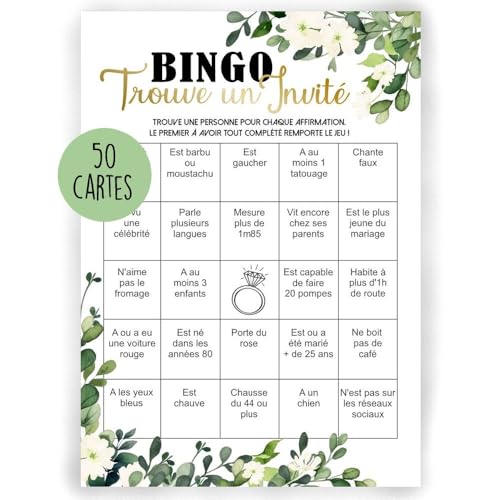 50 Cartes Bingo de Mariage, Loto de Mariage | Animation Mariage | Jeu de mariage invités | Cadeau de Mariage |Décoration de Mariage (Bingo)