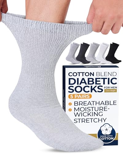 Pembrook Cotton Diabetic Socks for Men - 5 Pairs Crew Diabetic Socks for Men 9-12 & 12-15 Black White Light Gray Dark Gray Marled Gray