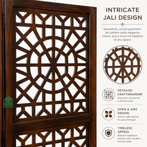 Image of Wooden Room Divider 6 Feet, 4-Panel Folding Wooden Partition for Living Room, Office, Pooja Room, Restaurant, Kitchen & Balcony (2W x 1.82H Meters). (Brown-Circle Lattice)