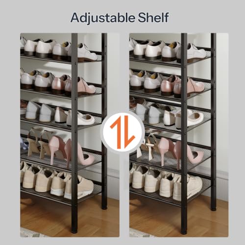 Image of HOOBRO Shoe Rack for Entryway, 6-Tier Shoe Organizer with Adjustable Mesh Shelves, 18-24 Pairs of Shoes, Spacious Floor Mount, Metal, Industrial, Shoe Shelf for Closet, Rustic Brown BF60XJ01
