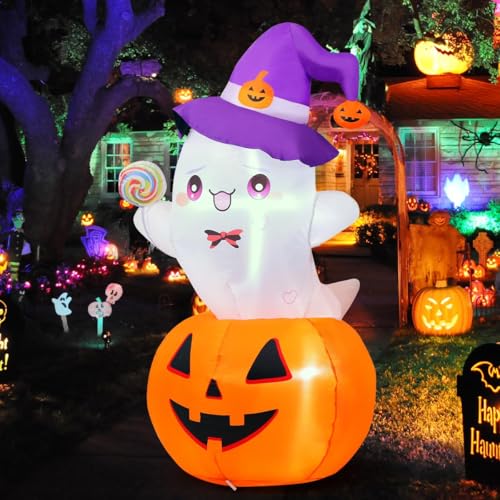 Image of GOOSH 5 FT Halloween Inflatables Ghost Outdoor Decorations Blow Up Yard Cute Ghost Sitting on Pumpkin Helding a Lollipop with Built-in LEDs for Garden Lawn Indoor Party Decor