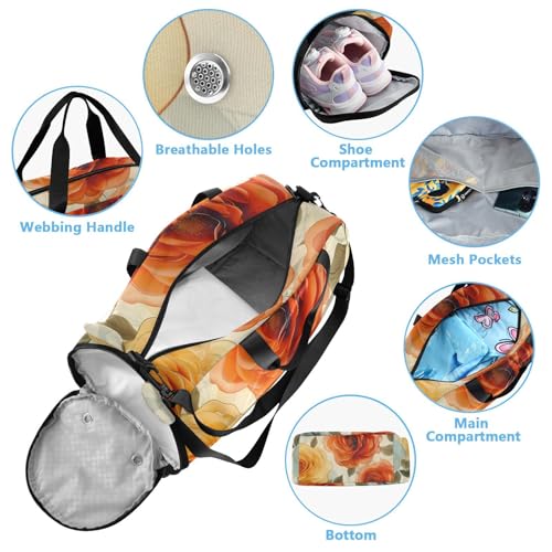 Duffle Bag Kids Gym Bag with Shoes Compartment & Wet Separation Overnight Travel Duffel Bag Blue White Flower Ink for Girl Boy4