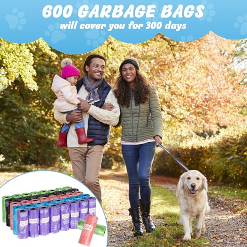 KOMABLEN 600 Stück Hundekotbeutel biologisch Abbaubar, 40 Rollen Kotbeutel für Hunde, Auslaufsicher Hundebeutel Kot, Tragbar Dick Hundetüten Hundezubehör mit Kotbeutelspender 33x22.8cm(5 Farben)